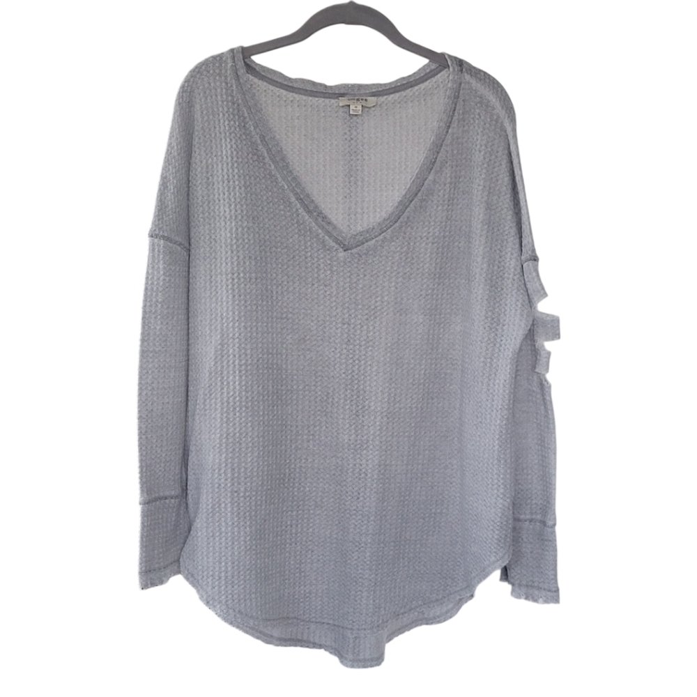 Umgee Gray Waffle Knit V Neck Top M Ladder Sleeve Cozy Tunic